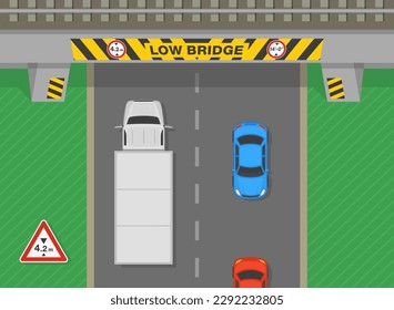 Safe driving tips and traffic regulation rules. Top view of a low bridge with obstruction and hazard marker. Traffic flow on british road. Flat vector illustration template.