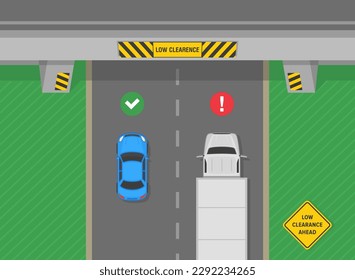 Safe driving tips and traffic regulation rules. "Low clearance" marked overpass. Top view of a traffic flow. Flat vector illustration template.