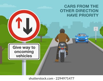 Safe driving tips and traffic regulation rules. Close-up of give way to oncoming vehicles sign. Back view of a stopped motorcycle rider. Flat vector illustration template.