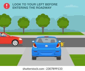 Sichere Fahrtipps und Vorschriften für die Verkehrsregulierung. Rückansicht eines Autos, das die Garage verlässt. Der Fahrer wartet auf die Einfahrt. Flache Vektorgrafik-Vorlage.