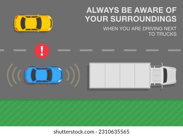 Consejos de conducción seguros y normas de regulación del tráfico. Tenga en cuenta sus alrededores cuando conduzca junto a los camiones. Vista superior. Plantilla de ilustración vectorial plana.