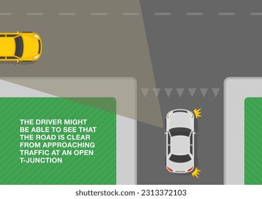 Safe driving tips and traffic regulation rules. The driver might be able to see that the road is clear from approaching traffic at an open T-junction. Top view. Flat vector illustration template.