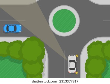 Consejos de conducción seguros y normas de regulación del tráfico. La vista del conductor de la carretera se oculta en una rotonda cerrada. Vista superior. Plantilla de ilustración vectorial plana.