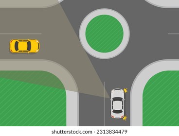 Consejos de conducción seguros y normas de regulación del tráfico. El conductor podría ver que la carretera está clara al aproximarse al tráfico en una rotonda abierta. Vista superior. Plantilla de ilustración vectorial plana.