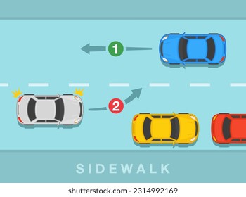 Safe driving tips and traffic regulation rules. Wait behind the parked cars to give way to oncoming vehicles. Top view. Flat vector illustration template.