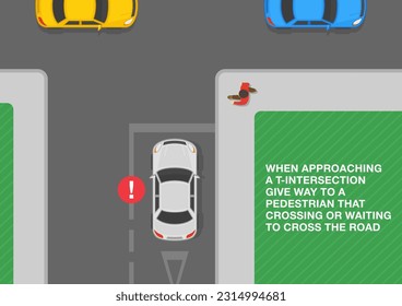 Consejos de conducción seguros y normas de regulación del tráfico. En las intersecciones marcadas en T hay que ceder ante los peatones que cruzan o esperan cruzar la carretera. Vista superior. Plantilla de ilustración vectorial plana.
