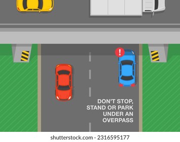 Safe driving tips and traffic regulation rules. Do not stop, stand or park under an overpass. Top view. Flat vector illustration template.