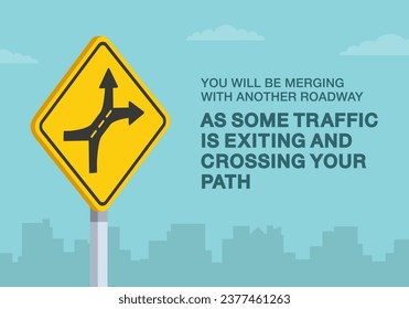 Safe driving tips and traffic regulation rules. Weave area ahead road sign. Close-up view. Flat vector illustration template.