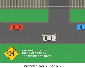 Safe driving tips and traffic regulation rules. Left side road junction track crossing area. Top view of a road with traffic flow. Flat vector illustration template.