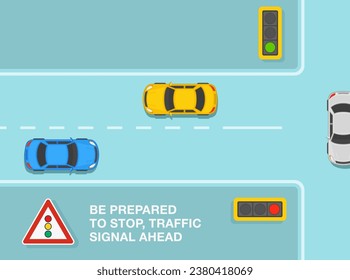 Safe driving tips and traffic regulation rules. Be prepared to stop, traffic signal ahead sign rule. Top view of a traffic flow. Flat vector illustration template.