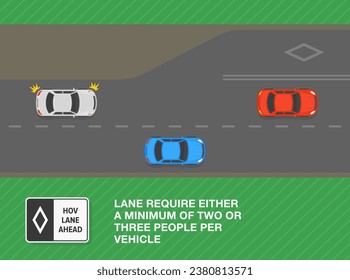 Safe driving tips and traffic regulation rules. Lane require either a minimum of two or three people per vehicle. Top view of a highway. Flat vector illustration template.