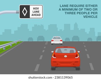 Consejos de conducción seguros y normas de regulación del tráfico. El carril requiere un mínimo de dos o tres personas por vehículo. Vista posterior de un flujo de tráfico. Plantilla de ilustración vectorial plana.