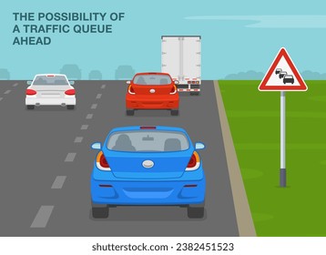 Safe driving tips and traffic regulation rules. The possibility of a traffic queue ahead. Back view of a traffic flow on highway. Flat vector illustration template.