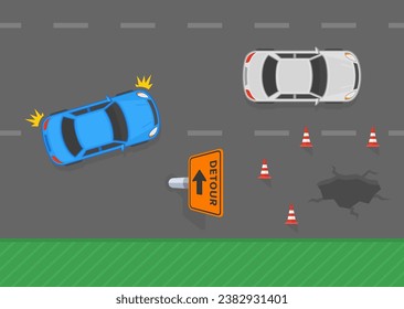 Consejos de conducción seguros y normas de regulación del tráfico. Vista superior de un flujo de tráfico y señalización de desvío en la carretera. Plantilla de ilustración vectorial plana.