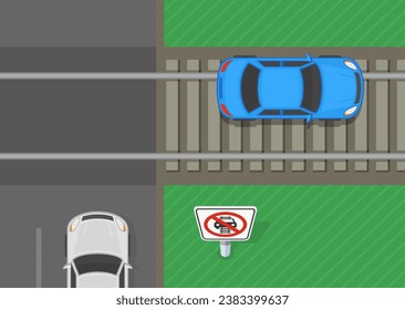 Safe driving tips and traffic regulation rules. Top view of a car driving on a railroad. Do not drive on tracks sign. Flat vector illustration template.