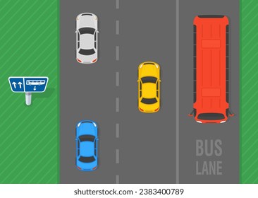 Consejos de conducción seguros y normas de regulación del tráfico. Vista superior de un flujo de tráfico en la carretera y de un carril de autobús en contracción. Plantilla de ilustración vectorial plana.