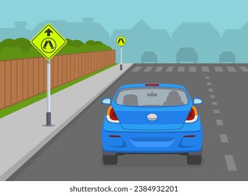 Safe driving tips and traffic regulation rules. Australian pedestrian crossing ahead sign. Back view of a car on reaching the crosswalk. Flat vector illustration template.