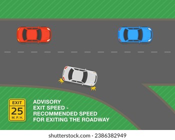 Safe driving tips and traffic regulation rules. Advisory exit speed sign meaning. Top view of traffic flow on highway. Flat vector illustration template.