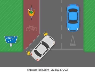 Sichere Fahrtipps und Vorschriften für die Verkehrsregulierung. Britischer Fahrradweg mit Radfahrer. Draufsicht auf eine Fahrradspur. Flache Vektorgrafik-Vorlage.