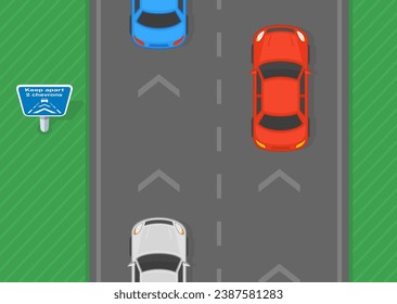 Safe driving tips and traffic regulation rules. Top view of a traffic flow on highway with chevron marking. Flat vector illustration template.