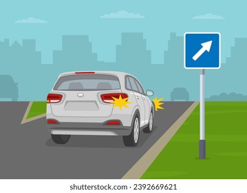 Safe driving tips and traffic regulation rules. Back view of a white suv car on motorway exit. Flat vector illustration template.