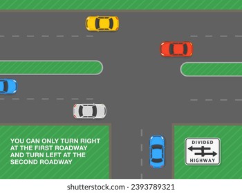 Safe driving tips and traffic regulation rules. Divided highway sign rule. Top view of traffic flow on highway. Flat vector illustration template.