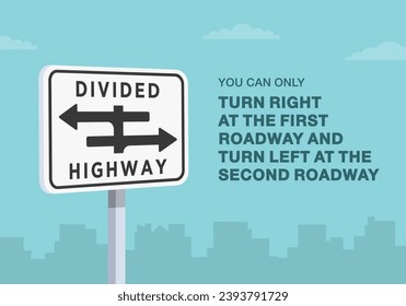 Safe driving tips and traffic regulation rules. Turn right at the first roadway and turn left at the second roadway. Close-up of a divided highway sign. Flat vector illustration template.