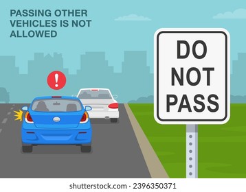 Safe driving tips and traffic regulation rules. Back view of a traffic flow on "do not pass" sign area. Flat vector illustration template.