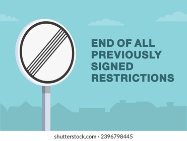 Safe driving tips and traffic regulation rules. Close-up of end of all previously signed restrictions sign.  Flat vector illustration template.