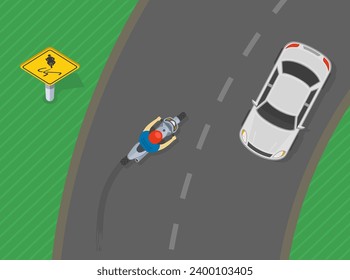 Safe driving tips and traffic regulation rules. Top view of a bike rider turning on a high risk area. Australian slippery road for motorcycle sign. Flat vector illustration template.