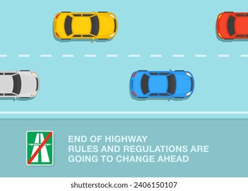 Consejos de conducción seguros y normas de regulación del tráfico. Vista superior de un flujo de tráfico en la autopista. El final de la señal de la autopista. Plantilla de ilustración vectorial plana.