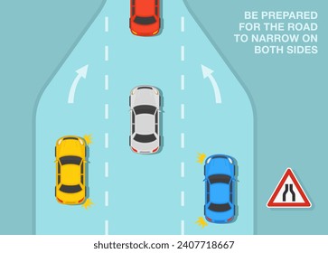 Safe driving tips and traffic regulation rules. Be prepared for the road to narrow on both sides. Top view of traffic flow. Flat vector illustration template.