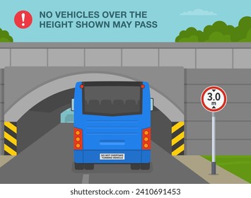 Safe driving tips and traffic regulation rules. No vehicles over the height shown may pass. Bus is reaching a low bridge. Flat vector illustration template.