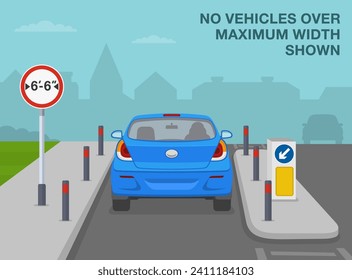 Safe driving tips and traffic regulation rules. No vehicles over maximum width shown. Back view of a car approaching traffic island. Flat vector illustration template.