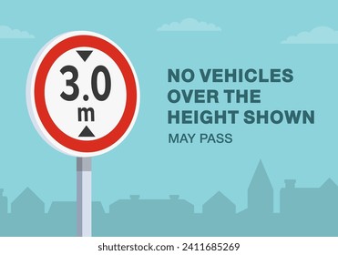 Safe driving tips and traffic regulation rules. Close-up of an european height limit sign. No vehicles over the height shown may pass. Flat vector illustration template.