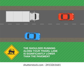 Consejos de conducción seguros y normas de regulación del tráfico. El hombro es más bajo que el pavimento. Significado de señal de caída de hombro. Plantilla de ilustración vectorial plana.
