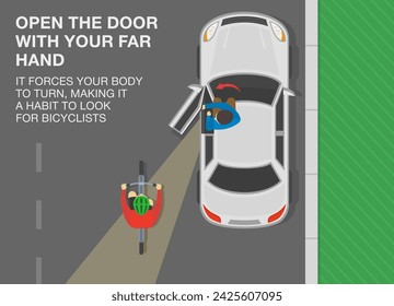 Safe driving tips and traffic regulation rules. Top view of a driver opening car front door. Open the door with your far hand to look for a bicyclists. Flat vector illustration template.