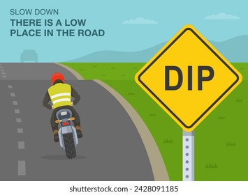Consejos de conducción segura y reglas de regulación del tráfico. Vista trasera de un motociclista en carretera rural. Más despacio, hay un lugar bajo en el camino. Plantilla de ilustración vectorial plana.