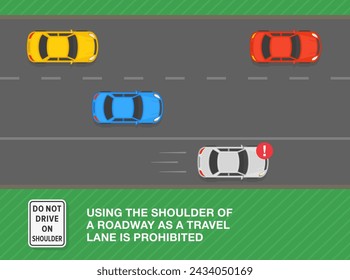 Consejos de conducción segura y reglas de regulación del tráfico. Está prohibido utilizar el arcén de una carretera como carril de viaje. Vista superior de un flujo de tráfico en la autopista. Plantilla de ilustración vectorial plana.