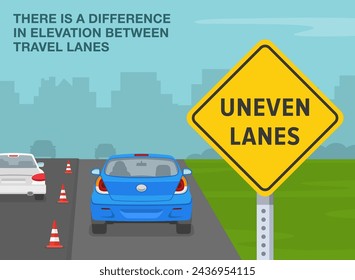 Safe driving tips and traffic regulation rules. "Uneven lanes" sign meaning. Difference in elevation between travel lanes. Flat vector illustration template.