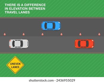 Consejos de conducción segura y reglas de regulación del tráfico. Signo de "carriles irregulares" en sentido. Diferencia de altitud entre carriles de viaje. Vista superior de un flujo de tráfico. Plantilla de ilustración vectorial plana.