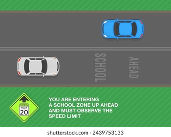 Safe driving tips and traffic regulation rules. School speed limit ahead sign meaning. Top view of a traffic flow. Flat vector illustration template.