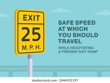 Safe driving tips and traffic regulation rules. Close-up of United States "exit advisory speed" road sign. Safe speed at which driver should travel. Flat vector illustration template.