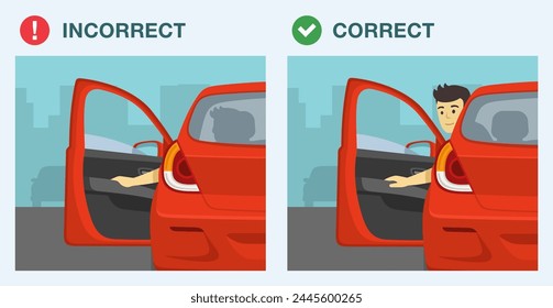 Safe driving tips and traffic regulation rules. Correct and incorrect opening door. Close-up back view of a male driver opening car front door. Flat vector illustration template.