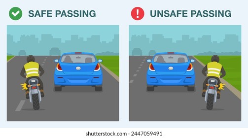 Safe driving tips and traffic regulation rules. Safe and unsafe passing on road. Motorcycle rider is trying to overtake the car from the right and left side. Flat vector illustration template.