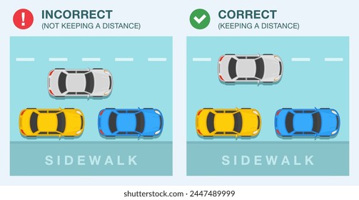 Safe driving tips and traffic regulation rules. Correct and incorrect passing the stationary parked vehicles. Keeping a safe distance. Flat vector illustration template.