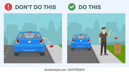 Safe driving tips and traffic regulation rules. Good and bad behaviour on road. Passenger throws out a used plastic cup on the ground. Flat vector illustration template.