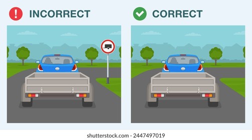 Safe driving tips and traffic regulation rules. Legal and illegal towing trailer. "No trailers or caravan" road sign area. Back view of a car towing a trailer. Flat vector illustration template.