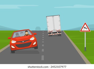 Safe driving tips and traffic regulation rules. Crosswinds ahead sign area. Cars are about to roll over on a windy road. Flat vector illustration template.