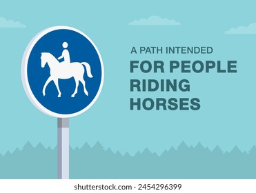 Consejos de conducción segura y reglas de regulación del tráfico. Primer plano de la señal europea "bridle path". Camino destinado a personas que montan caballos. Plantilla de Ilustración vectorial plana.